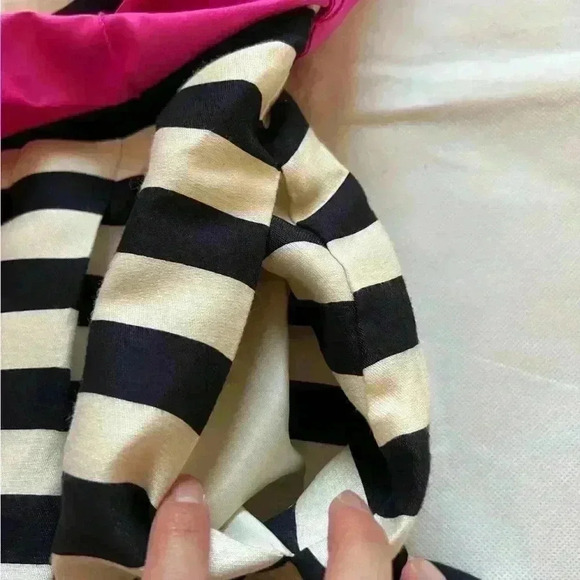 Eliza J Fit & Flare Pleated Navy Cream Striped Dress Belted Pink Bow Sash 6 - Picture 6 of 7